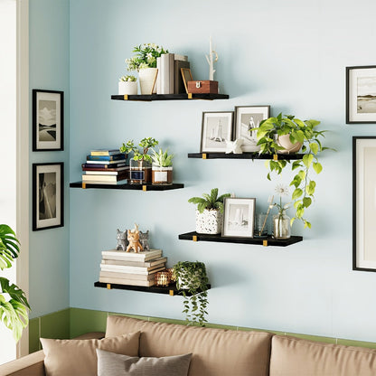 Five-Piece Rustic Floating Shelf Set with Black Metal Brackets in Light Brown, Dark Brown or Black-Gold Finishes