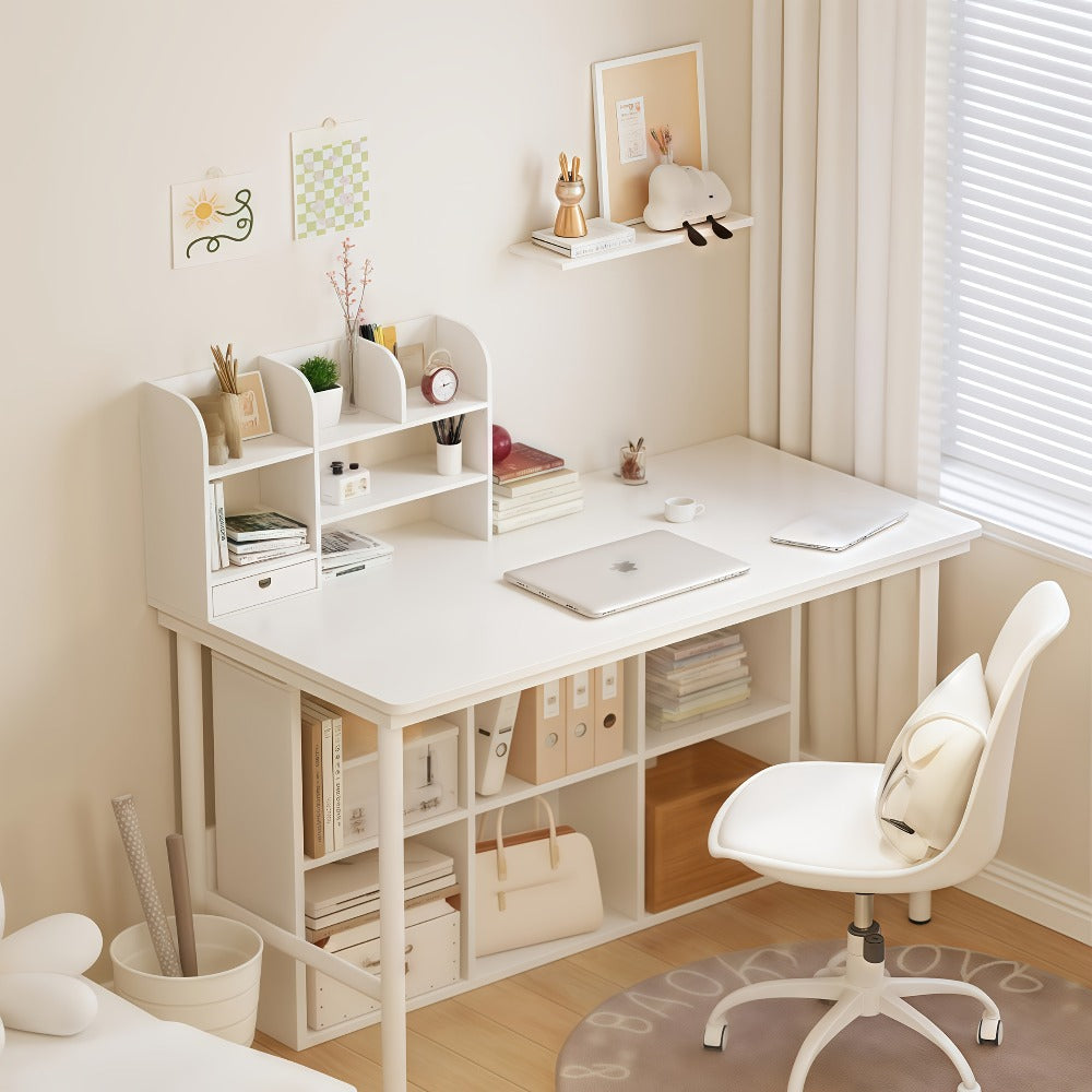 White Two-Tier Desktop Organizer Shelf with Multiple Compartments, Heart Drawer and 50 cm Wide Top