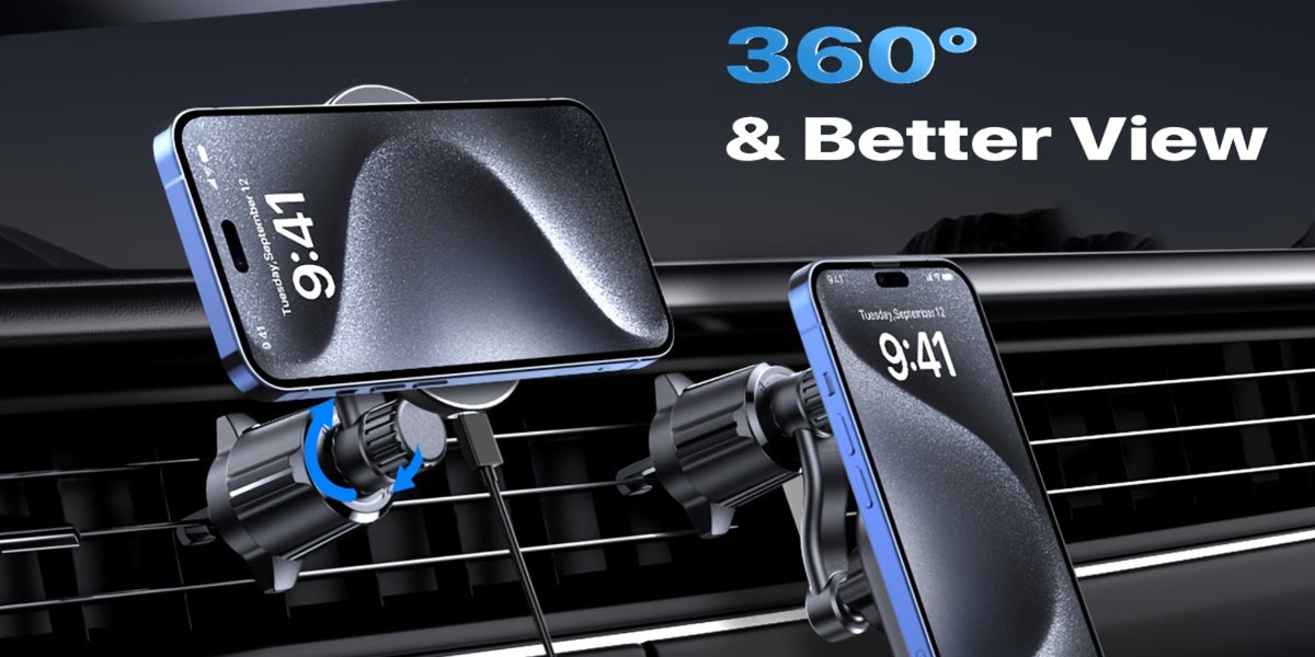 Magnetic Wireless Car Charger Phone Mount 15W Fast Charging – 360° Rotation Air Vent Car Phone Holder Compatible with iPhone 16 / 15 / 14 / 13 / 12 Series | MagSafe-Style Magnetic Car Charger