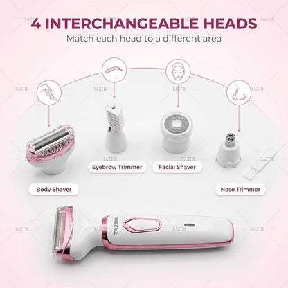 Electric Shaver 4-in-1 Women’s Grooming Kit with USB Charging for Face, Nose, Legs, Underarms and Bikini