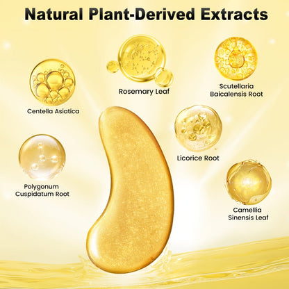 50-Pair Gold-Tone Under-Eye Patch Box with Individual Pouches and Collagen, Hyaluronic Acid and Glycerin Wording