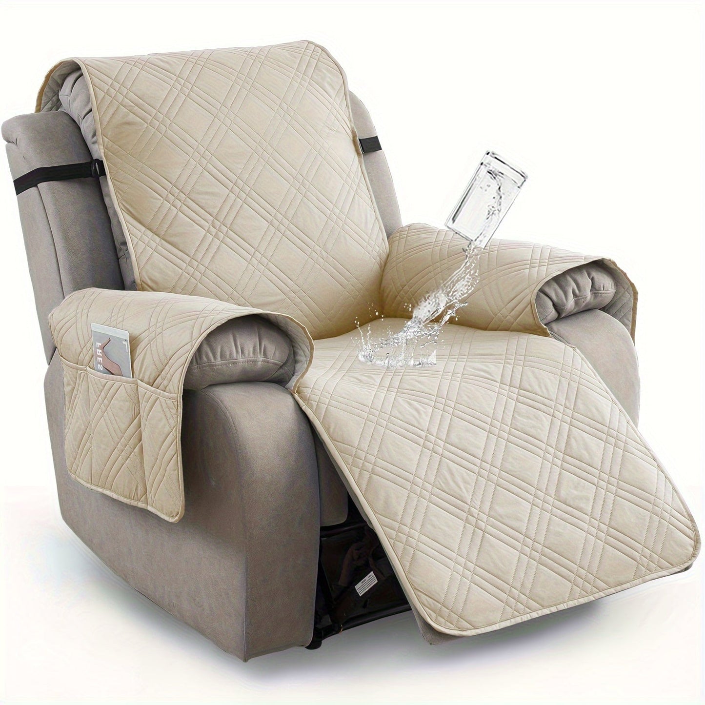 Chair Cover Quilted Recliner Throw with Side Pocket, Elastic Straps and Buckle in Ten Colors