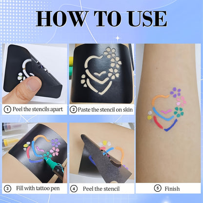 Double-Ended Tattoo Pen Set 10 Pcs with 114 Templates & Butterfly Stickers — Waterproof Sweat-Resistant DIY Temporary Body Art Kit for Parties, Festivals, Halloween & Gifts