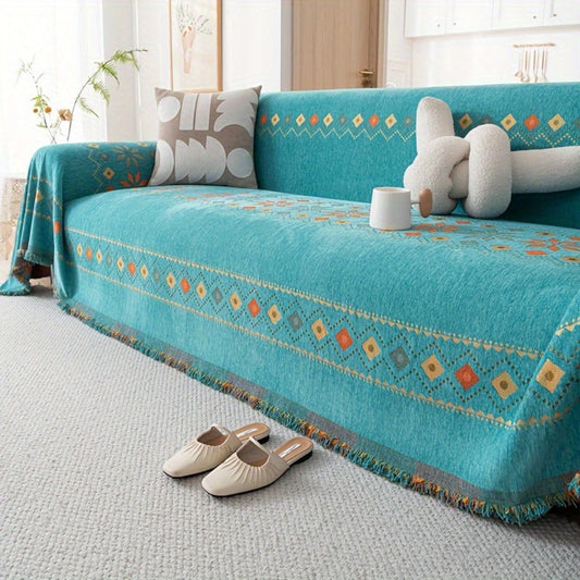 Sofa Cover Bohemian Embroidered Chenille Knit Throw with No Padding in Four Sizes and Five Colors
