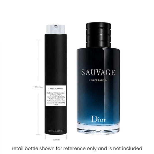 Sauvage EDP Men's Travel Spray 10ml Decant - Warm Ambery Bergamot Ambroxan Cologne - Portable Atomizer Rebottled from Authentic Original Bottle by Perfume Ventures