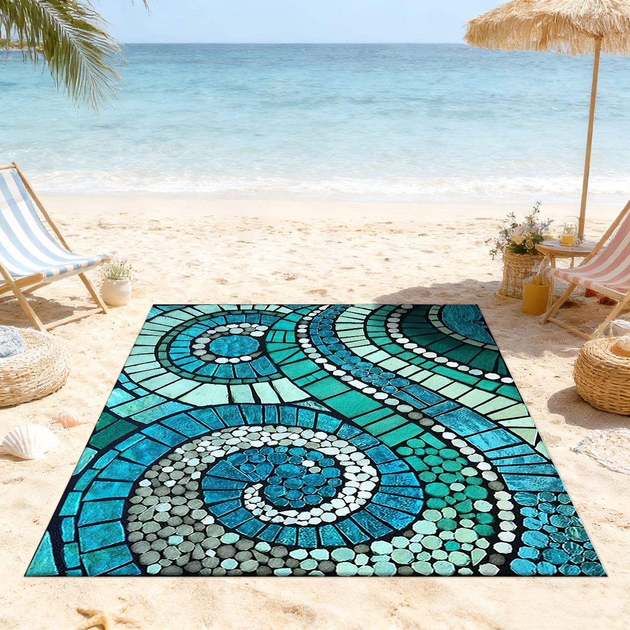 Blue Spiral Mosaic-Pattern Outdoor Rug in Five Displayed Sizes from 32 x 48 to 80 x 120 Inches