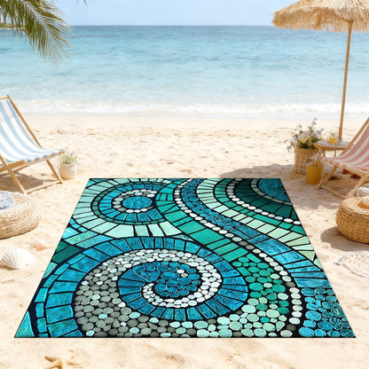 Blue Spiral Mosaic-Pattern Outdoor Rug in Five Displayed Sizes from 32 x 48 to 80 x 120 Inches