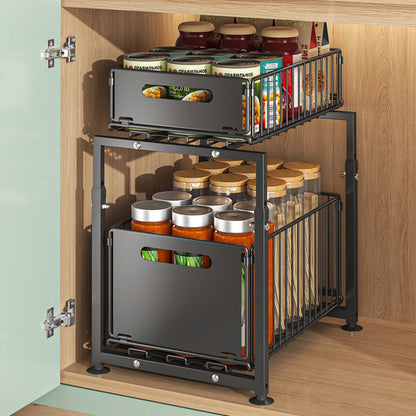 Under Sink Organizer 2-Tier Slide Out – Heavy Duty Metal Cabinet Shelf, Adjustable Space-Saving Storage Rack for Kitchen & Bathroom Cabinets, Pull Out Drawer Organizer