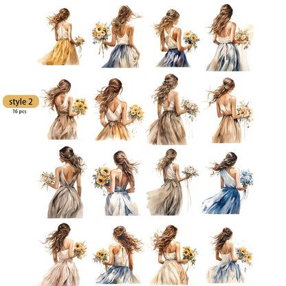 Floral Girl Journaling Sticker Set with 16 Cut-Out Designs in Style 1 or Style 2 for Planners and Scrapbooks