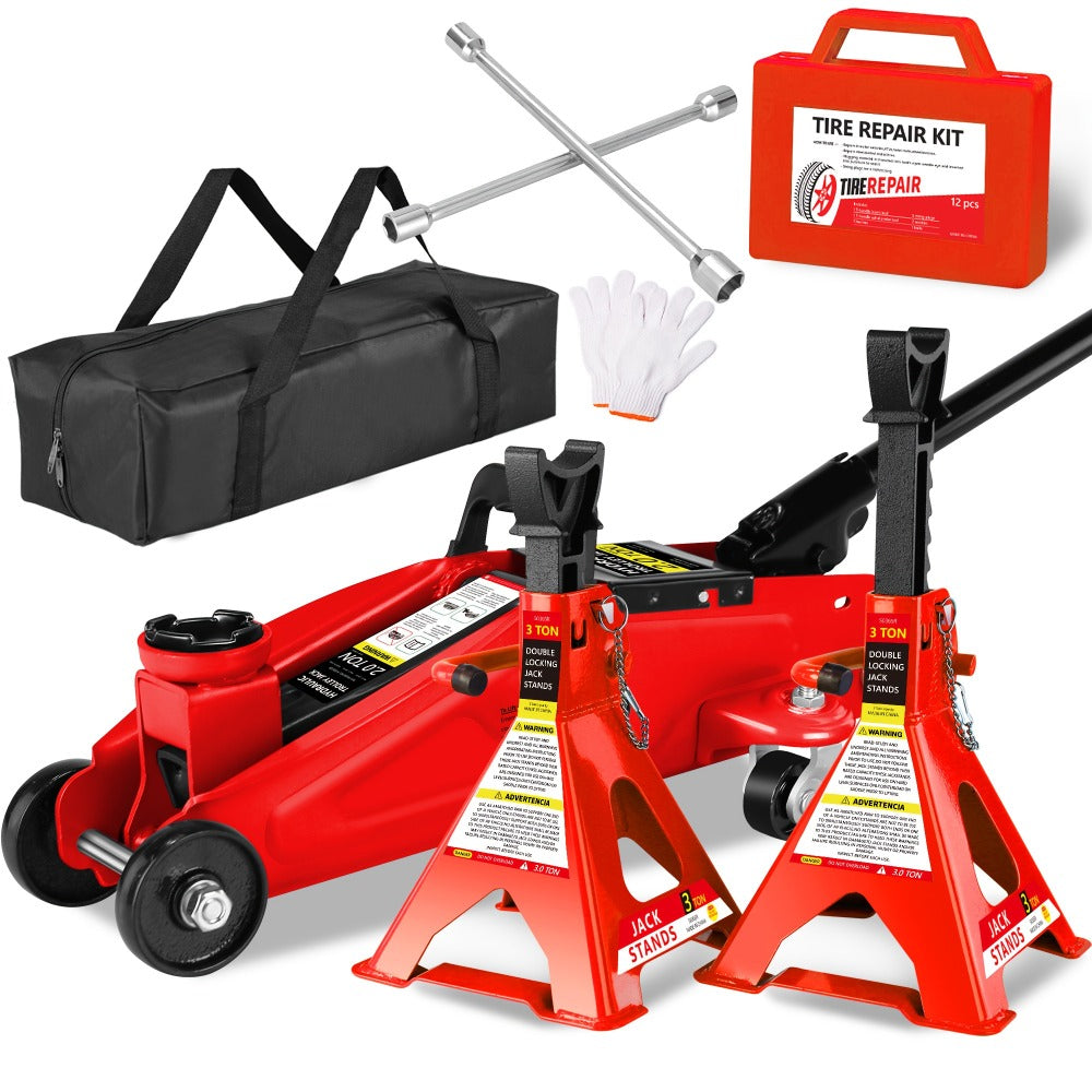 Hydraulic Floor Jack Kit 2/2.5/3 Ton Low Profile Trolley Jack with Jack Stands, Tire Repair Kit, Wheel Wrench & Wheel Chock Combo - Red/Blue