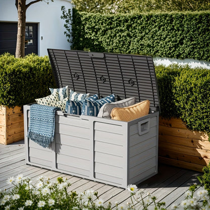 75-Gallon Low-Profile Outdoor Storage Box in Black with Hinged Lid, Side Handles and 41.4 x 18 x 21.3-Inch Size