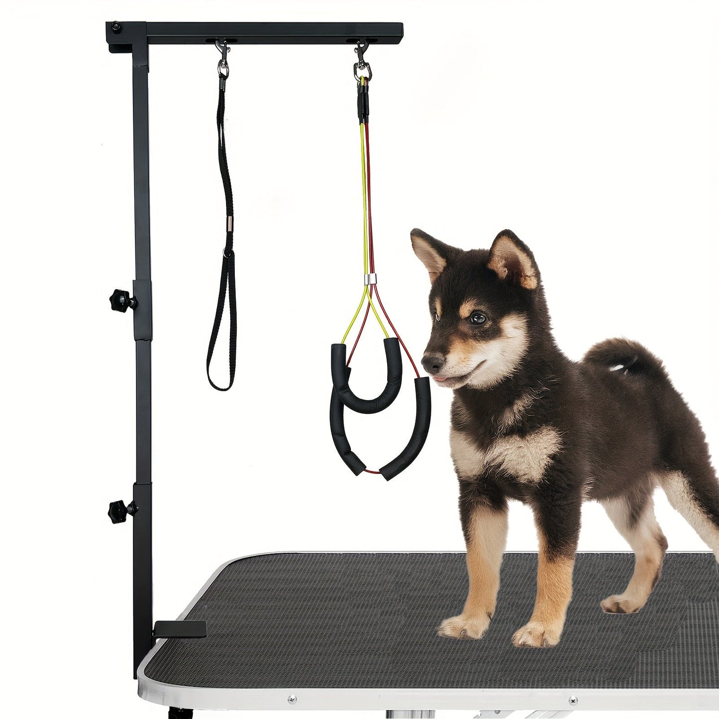 Dog Grooming Arm with Clamp 36 Inch Adjustable 3-Section Iron No-Sit Haunch Holder with Colorful Ropes for Small Medium Dogs Cats Black