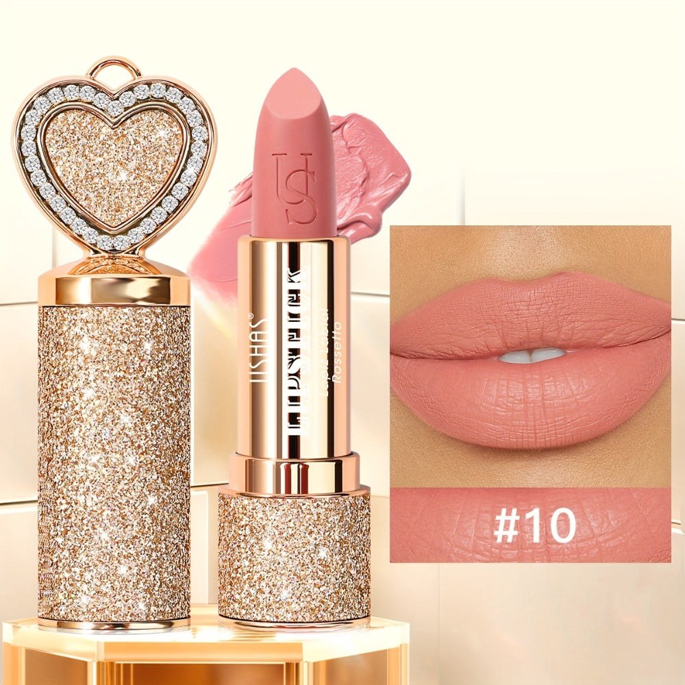 Matte Lipstick Heart-Shaped Design 24H Long-Lasting Velvet Finish — Transfer-Resistant Highly Pigmented Buildable Lip Color, Smooth Application 10 Shades Women Beauty Gift