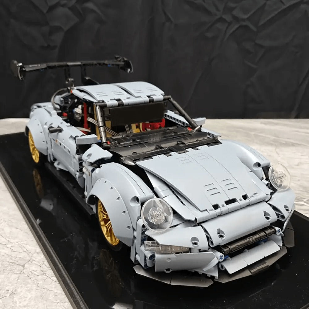 Misty Blue Lowrider Sports Car Building Block Model with 2,100 Pieces, Two Checkout Sets and Display Stand