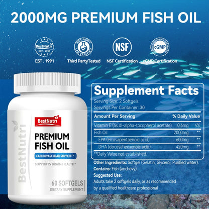 Omega-3 Fish Oil 2000mg Softgels with EPA & DHA — Cold-Extracted CGMP Certified | Brain Vitality Heart Health Anti-Inflammatory Support | For Adults & Young Adults | 60 or 90 Softgels