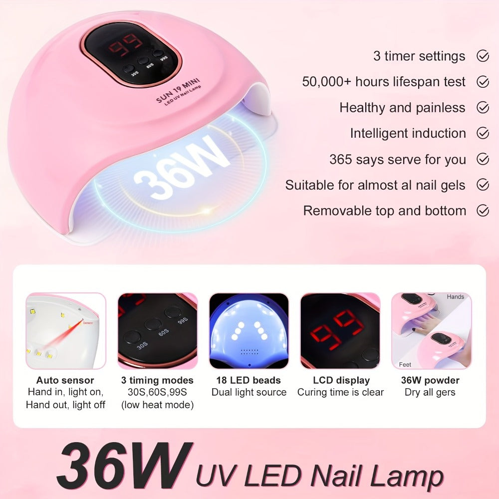 Acrylic Nail Kit with 36W UV LED Lamp, Electric Drill, Three Powders, Glitter Colors, Tips and Manicure Tools