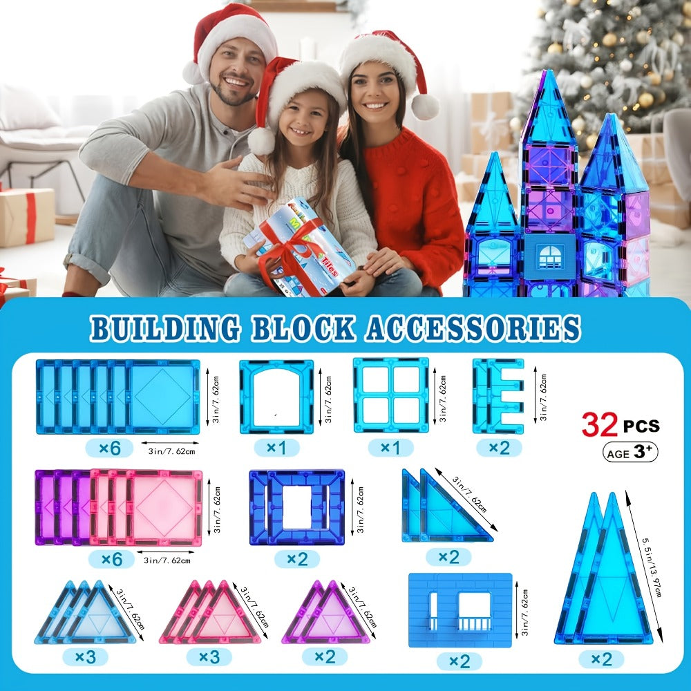 32-Piece Blue and Purple Magnetic Tile Castle Set with Squares, Triangles and Window Pieces