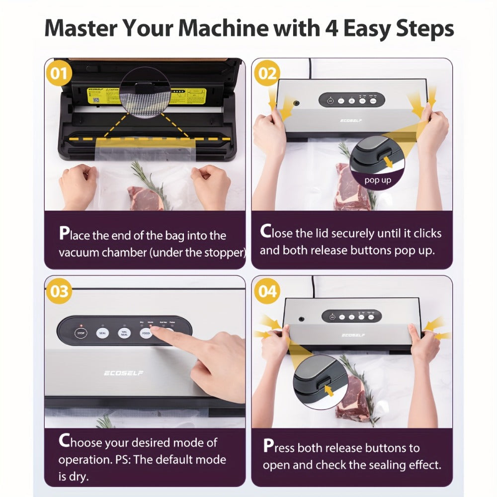 SJ2090 65KPa Vacuum Sealer with Dry, Moist, Pulse and Canister Modes, Cutter, Hose and 10 Bags