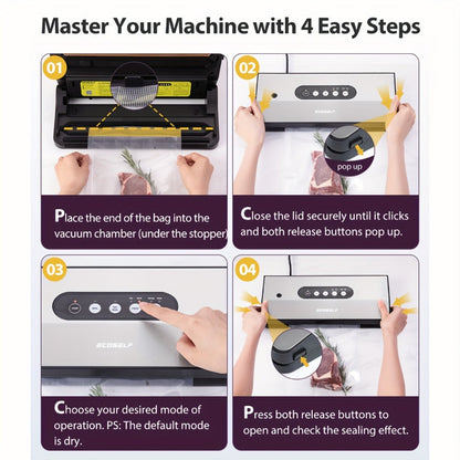 SJ2090 65KPa Vacuum Sealer with Dry, Moist, Pulse and Canister Modes, Cutter, Hose and 10 Bags