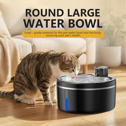 2.5L Cordless Pet Water Fountain with Black Stainless-Steel-Marked Basin, 4000mAh Battery and Water Window