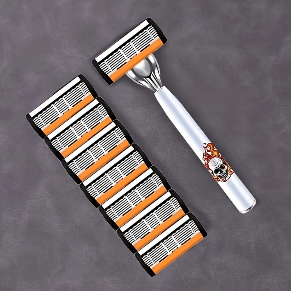 Beard Razor for Men 6-Layer Stainless Steel Blades Premium Metal Handle 36 Replaceable Blades – Mustache Grooming Shaver Ultra-Close Traditional Shaving Kit for Daily Use Gift for Him