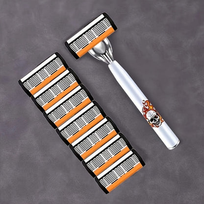 Beard Razor for Men 6-Layer Stainless Steel Blades Premium Metal Handle 36 Replaceable Blades – Mustache Grooming Shaver Ultra-Close Traditional Shaving Kit for Daily Use Gift for Him