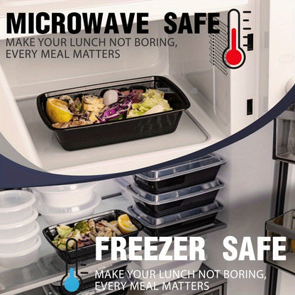 Meal Prep Containers 38oz Black Rectangular Disposable Bento Box Bulk Set - Stackable Leakproof Food Storage with Lids Microwave Dishwasher Freezer Safe for Takeout Catering Picnic Lunch