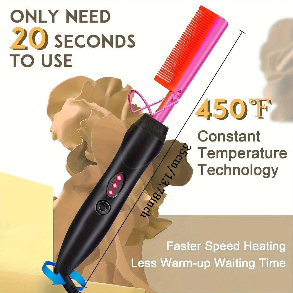 Electric Hot Comb Hair Straightener – 3-in-1 Ceramic Pressing Comb for Natural Hair, Beard & Wigs, Curling & Straightening Iron with Protective Holder, Bonus 2 Clips & 1 Comb, Gift Ready
