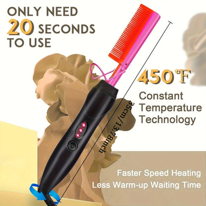 Electric Hot Comb Hair Straightener – 3-in-1 Ceramic Pressing Comb for Natural Hair, Beard & Wigs, Curling & Straightening Iron with Protective Holder, Bonus 2 Clips & 1 Comb, Gift Ready