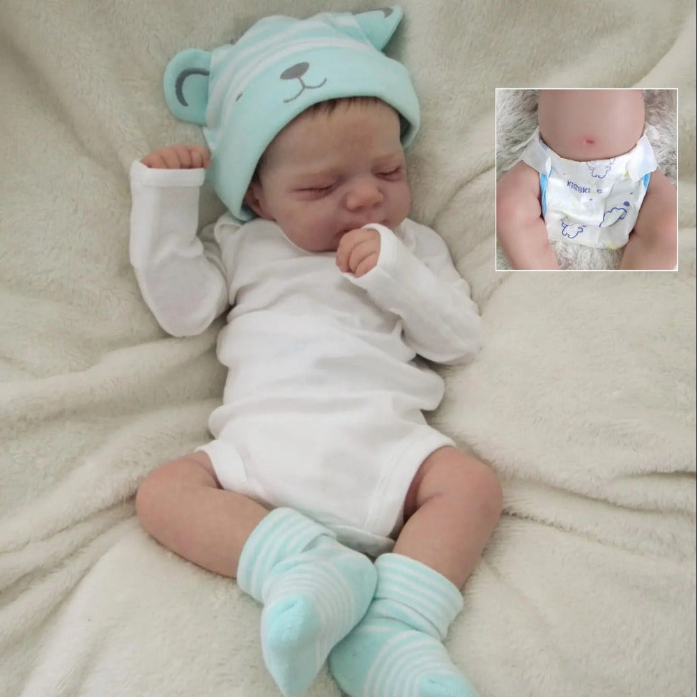 Closed-Eye 19-Inch Baby Doll with Full Vinyl Body, Mint Bear Hat and White Outfit for Pretend Play