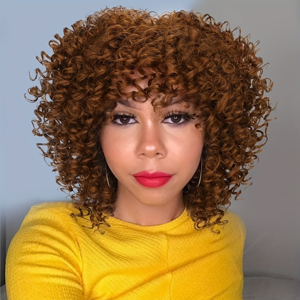 Afro Kinky Curly Wig for Black Women Short Synthetic Hair with Bangs 180% High Density Natural Fluffy Curls Stretch Cap Daily Wear Party Cosplay Fits All Head Sizes