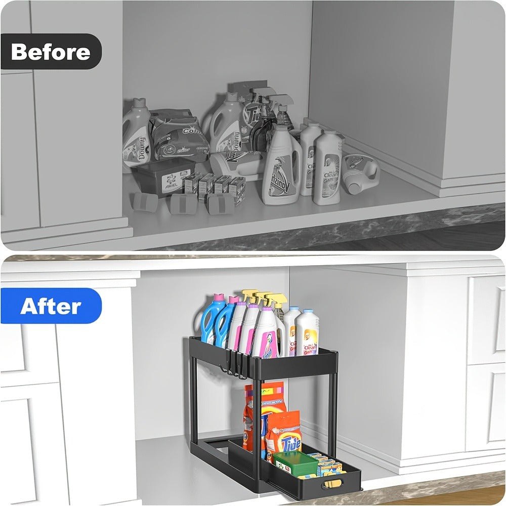Under Sink Storage Organizer Set of 2 with Dual-Tier Sliding Baskets and 8 Hooks in Three Colors