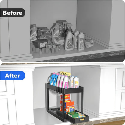 Under Sink Storage Organizer Set of 2 with Dual-Tier Sliding Baskets and 8 Hooks in Three Colors