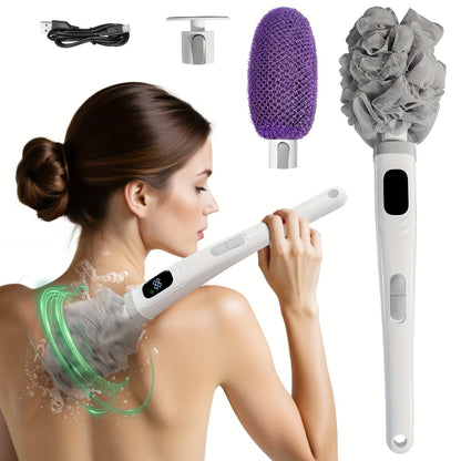Electric Body Scrubber Brush 3 Replaceable Heads Dual Speed Shower Back Cleaner Exfoliating Skin Cleansing Massage African Bath Sponge Long Handle for Women Men Home Spa Daily Use