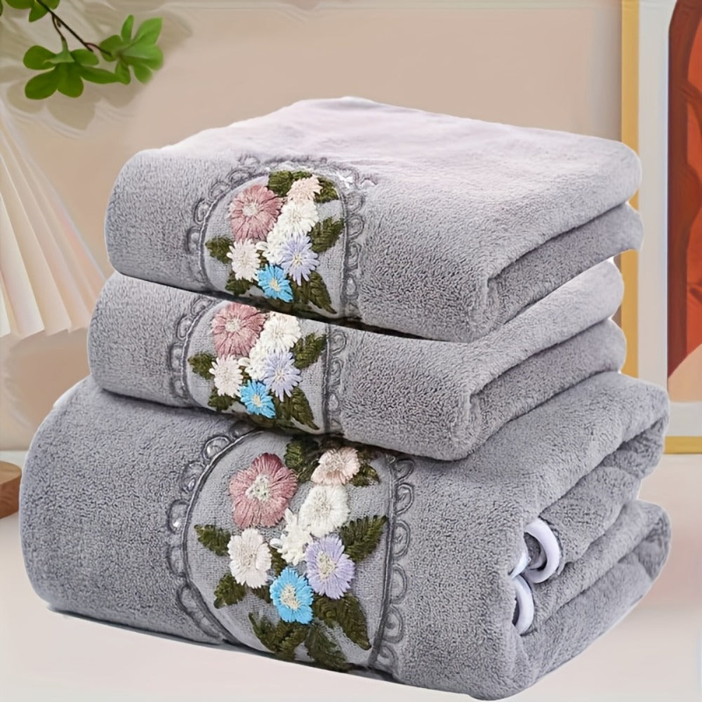 Towel Set 3-Piece Embroidered Flower Bath and Face Towels in White, Blue, Pink or Gray for Home and Guest Use
