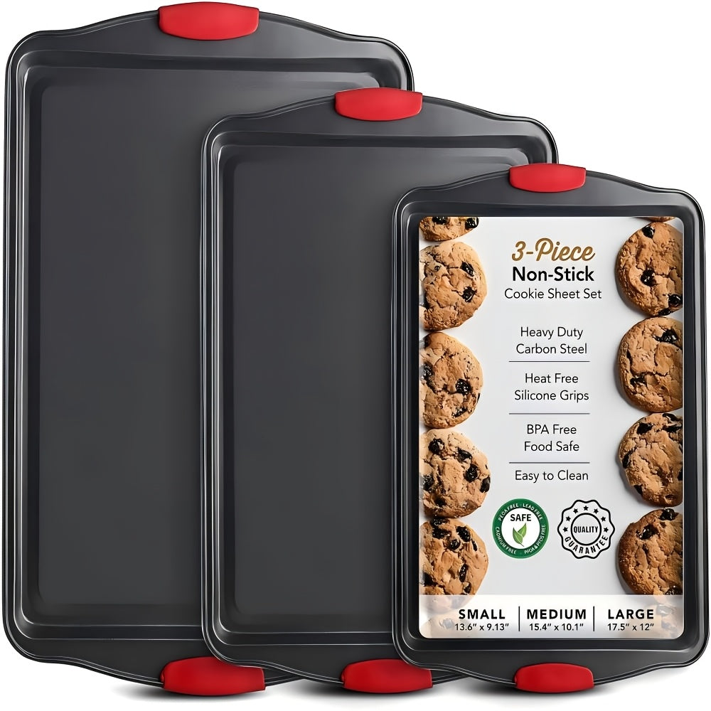 Three-Piece Black Baking Sheet Set with Red Grip Tabs in Small, Medium and Large Nesting Sizes