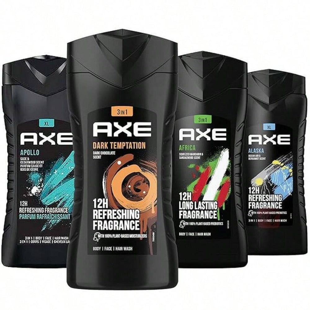 Four-Pack AXE Body Wash Assortment with 250ml Flip-Cap Bottles and Four Pictured Label Styles
