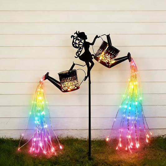 Solar Garden Lights Fairy Waterfall Statue with Multicolor String Lights and Ground-Stake Installation