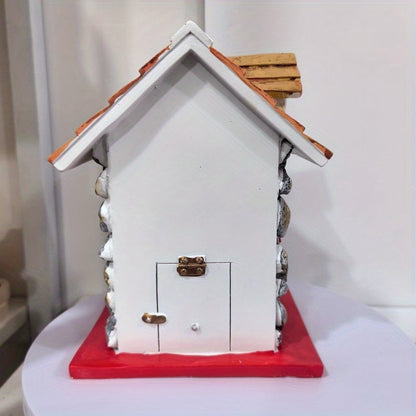 Stone-Look Cottage Garden Ornament in One-Piece Resin with Red Door, Shingled Roof and Hanging Loop