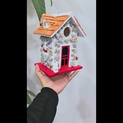 Stone-Look Cottage Garden Ornament in One-Piece Resin with Red Door, Shingled Roof and Hanging Loop