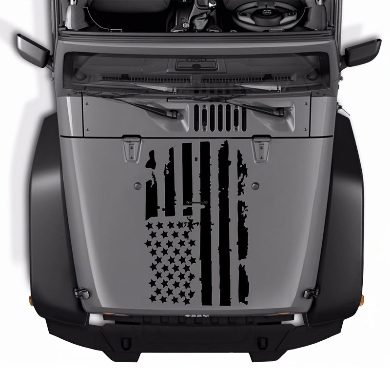 American Flag Car Hood Vinyl Decal Sticker - Distressed USA Flag Stripe Graphic, 35x20 Inch Universal Fit for Car, SUV, Truck Hood, Door, Window & Windshield, Patriotic Car Modification Gift (Black or Transparent)