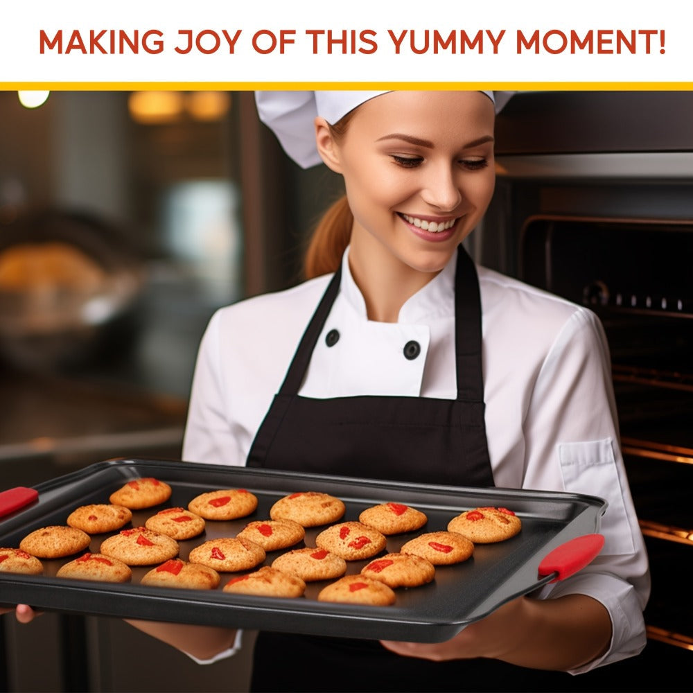 Three-Pan Gray Baking Sheet Set or Nine-Piece Kit with Six Utensils and Red Silicone Grips