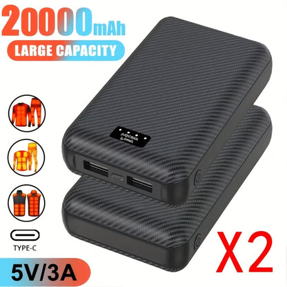 Power Bank 20000mAh 5V/3A for Heated Clothing with USB-C Input/Output, Single or Two-Pack Sets