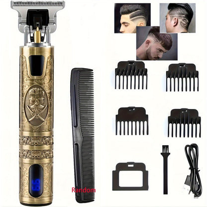 Hair Clippers & Trimmers Vintage Gold T-Blade Model with LCD Display, USB Charging and Three Etched Designs