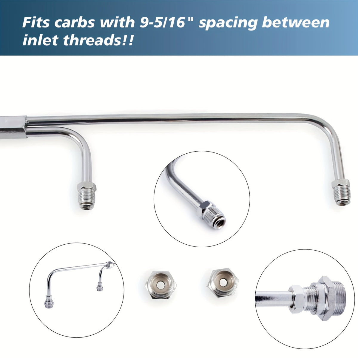 Dual Feed Fuel Line Kit Chrome 3/8" Hose – Compatible with Holley 4-Barrel 4150 Double Pumper Carburetor, Silver Brazed Copper Rigid Tube, 9.31" Center-to-Center, 1552 Style