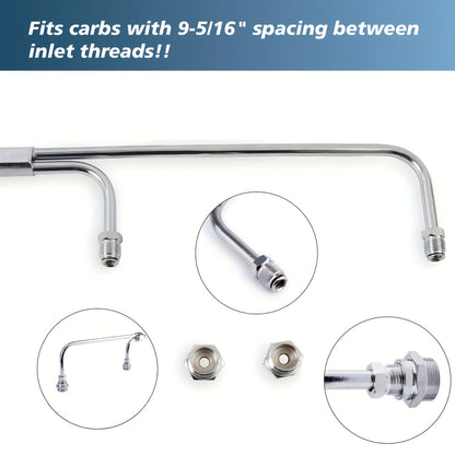 Dual Feed Fuel Line Kit Chrome 3/8" Hose – Compatible with Holley 4-Barrel 4150 Double Pumper Carburetor, Silver Brazed Copper Rigid Tube, 9.31" Center-to-Center, 1552 Style