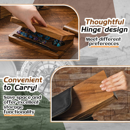 Walnut-Color Wooden Dice Storage Box with Magnetic Flip Lid, Rolling Tray and Phone or Tablet Stand