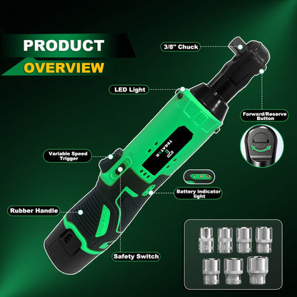 12V Cordless Ratchet Wrench Set 3/8" Drive | 40 Ft-lbs Torque, Variable Speed Trigger, Lithium-Ion Battery, 7 Sockets Included