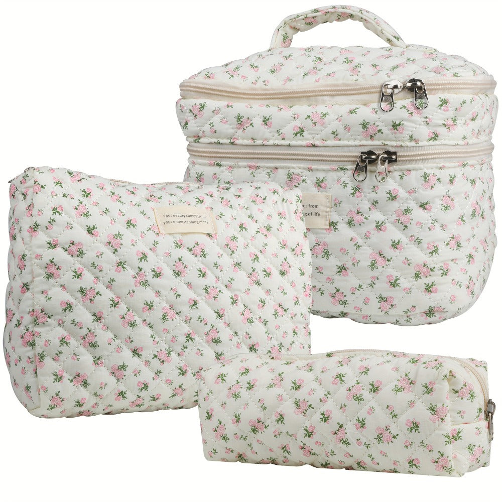 Makeup Bag – Set 3 PCS Quilted Cotton Dual Layer Large Capacity Floral Coquette Aesthetic Travel Cosmetic Bag Women Toiletry Organizer…