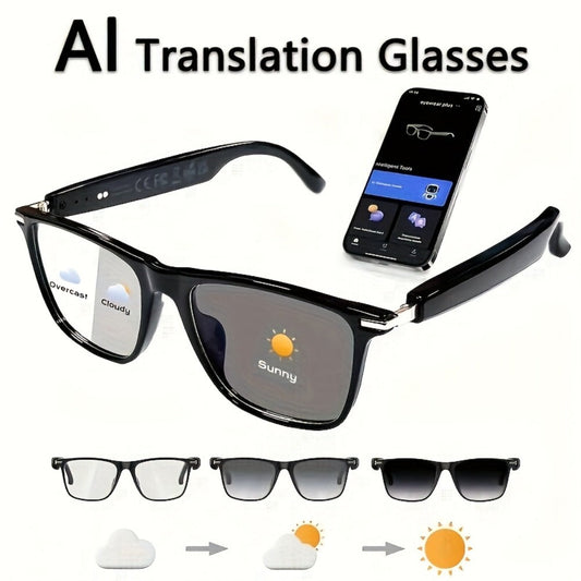 AI Smart Glasses with GPT Voice Assistant & Real-Time Translation 160+ Languages – Photochromic Lenses, Anti-Blue Light, Built-in Speaker & Mic, Unisex Wearable Tech Eyewear